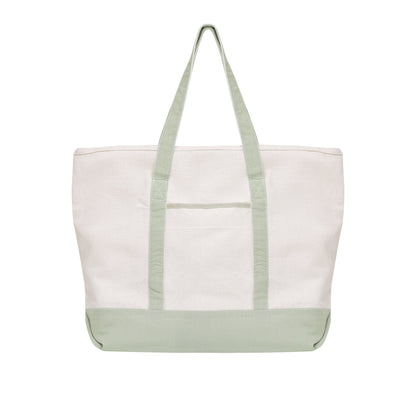 White tote bag with green accents on a white background