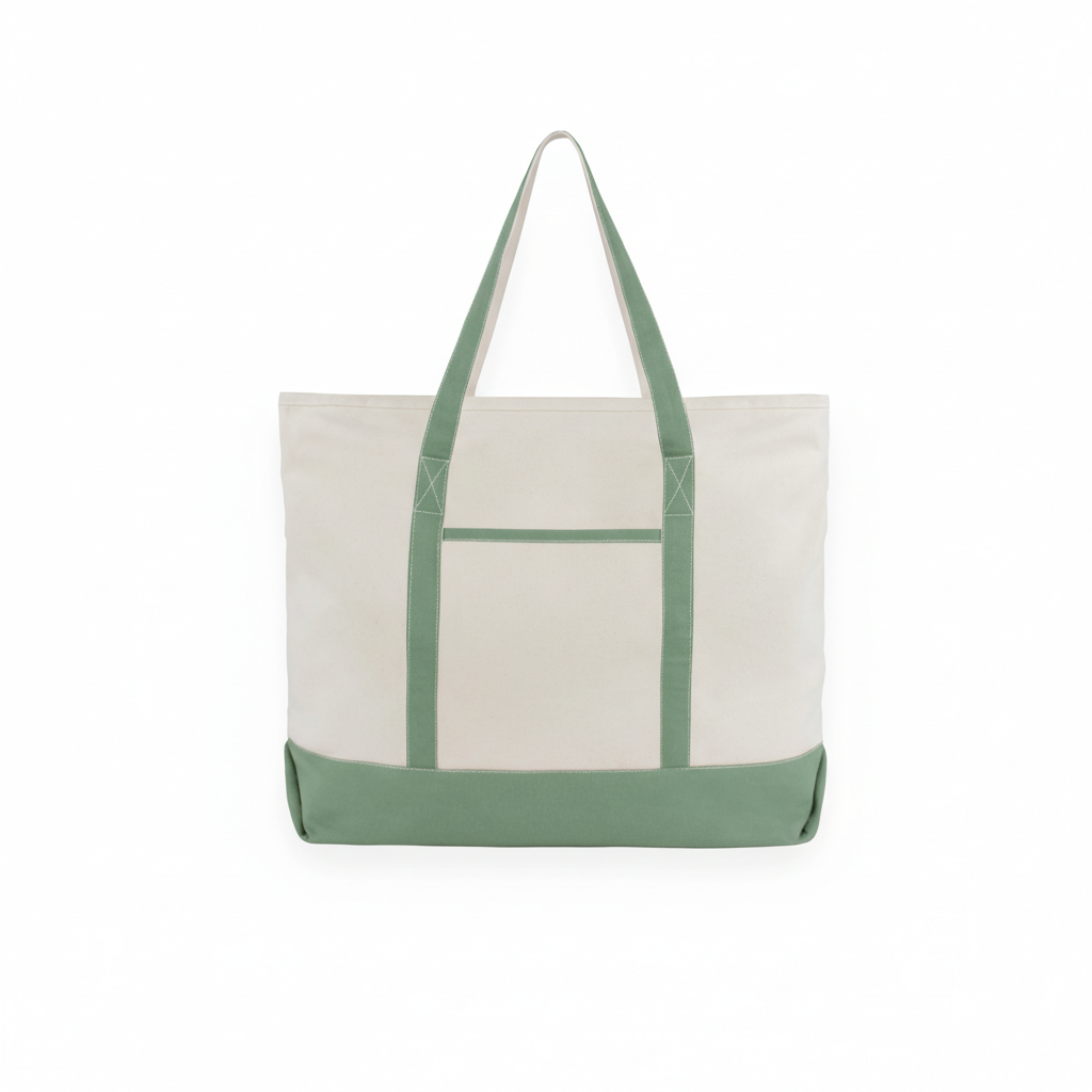 Beige tote bag with green accents on a white background