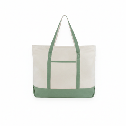 Beige tote bag with green accents on a white background