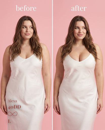 Before-and-after comparison of the Large Sticky Bra under a white slip dress on a model labeled 40DD.