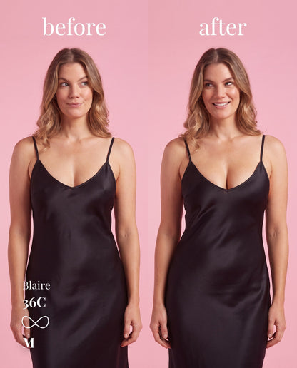 Before-and-after comparison of the Medium Sticky Bra under a black V-neck slip dress on a model labeled 36C.