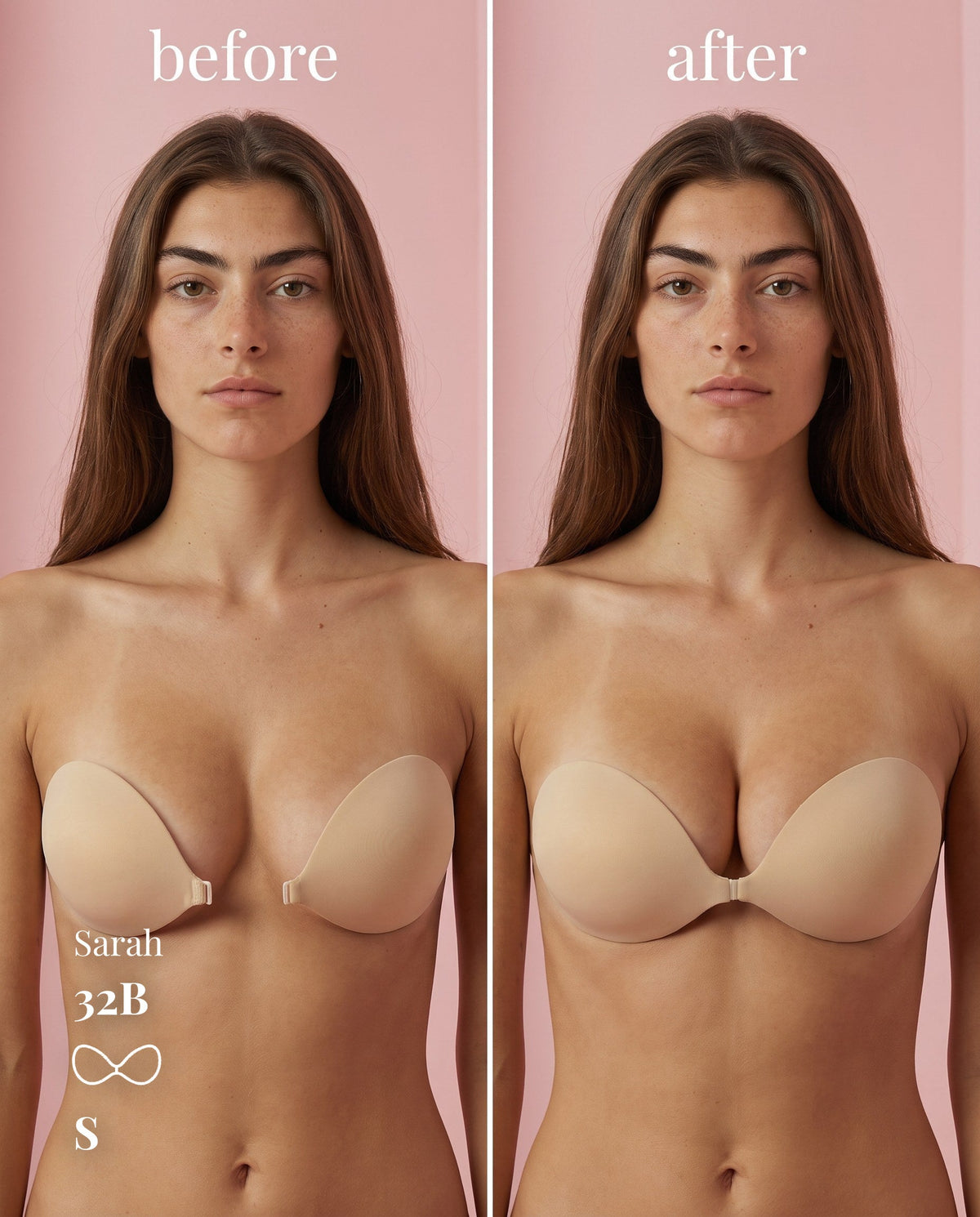 Side-by-side views of a model wearing the Small Sticky Bra before and after fastening the front clasp.