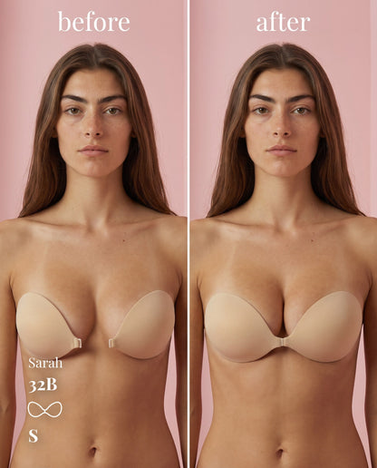 Side-by-side views of a model wearing the Small Sticky Bra before and after fastening the front clasp.