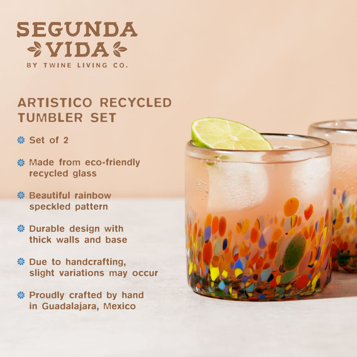 Artistico tumbler feature guide: set of two recycled glasses with rainbow speckles, thick walls and bases, handcrafted in Guadalajara, Mexico; slight variations may occur.