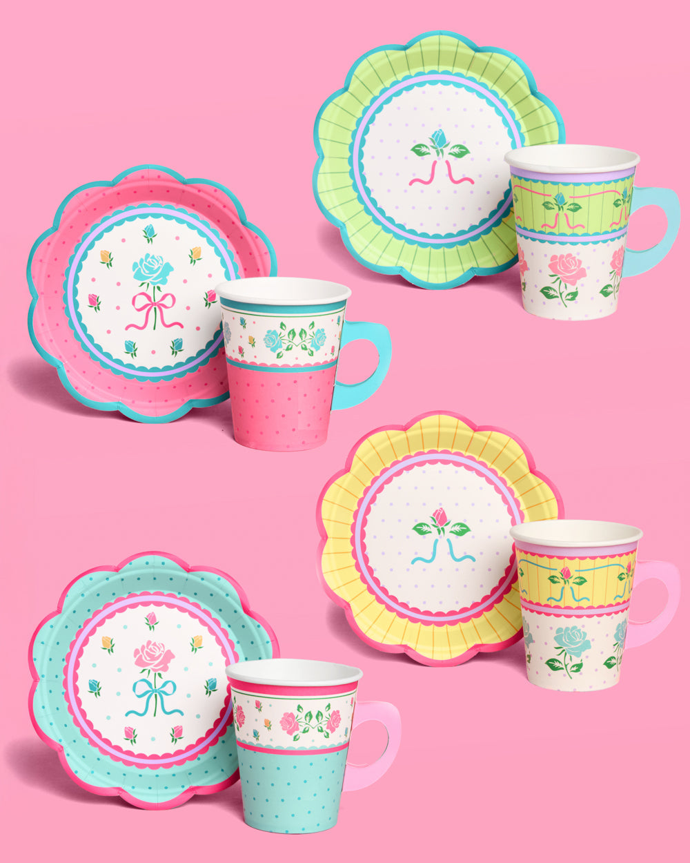 Tea Party Theme Party Pack - Coordinated Set of Plates, Napkins, Cups, Cupcake Tower & Confetti!