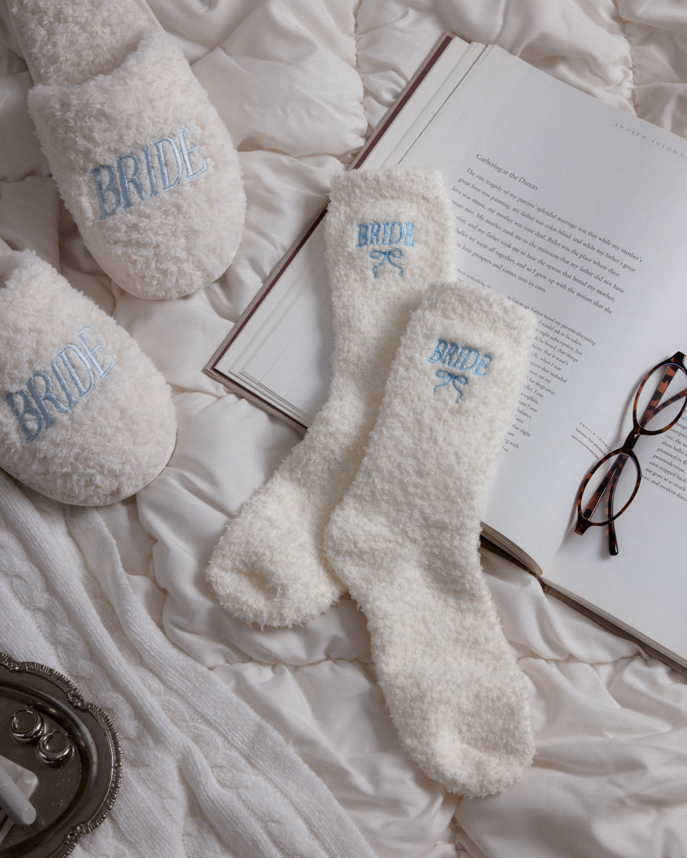 Ivory Fuzzy Crew Socks with Blue Bride Embroidery and Bow
