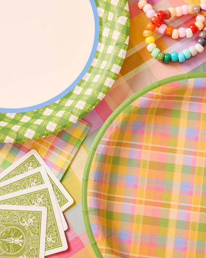 Summer Camp Gingham and Plaid Round Paper Plates, 24 Count, 9 Inch