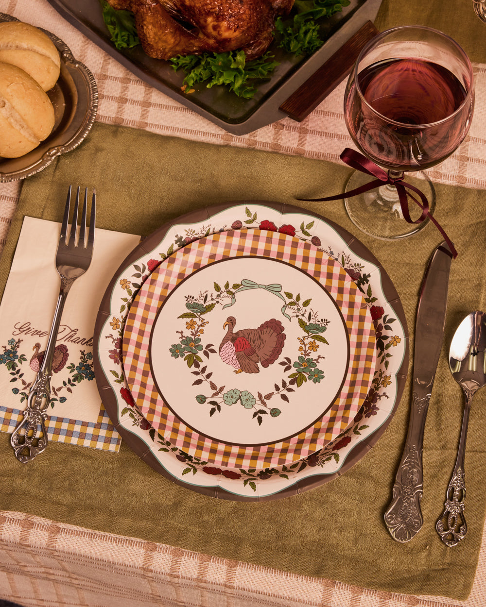Thanksgiving Harvest Paper Plates, 32 Count, Gingham Floral Design