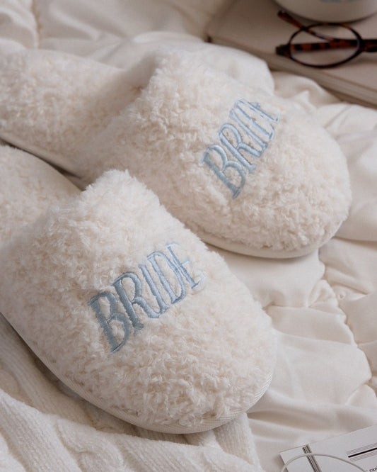Bride Cream Faux Fur Slippers with Blue Embroidery