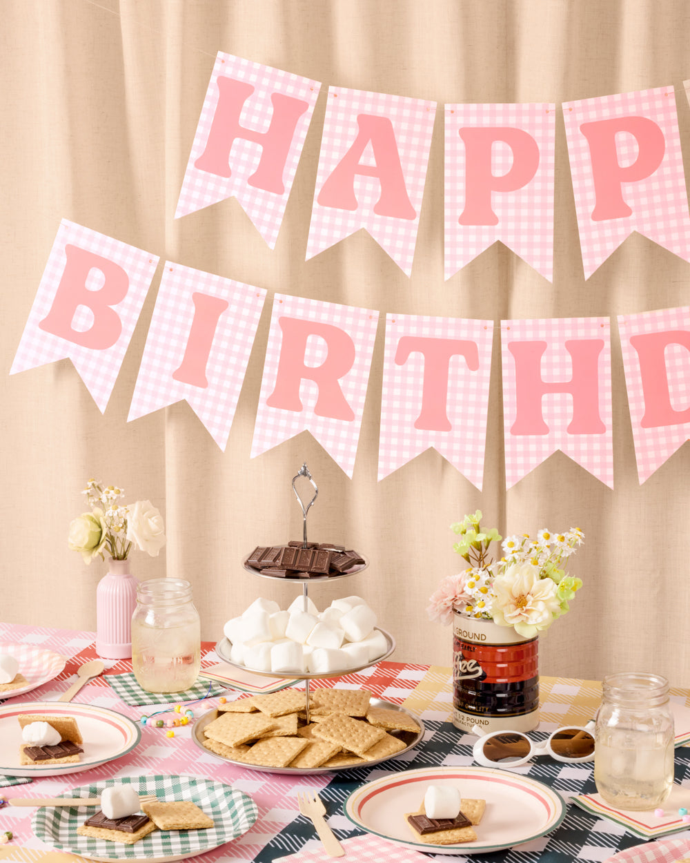 Pink Gingham Happy Birthday Banner Set, Pre-Strung 52-Inch Flags