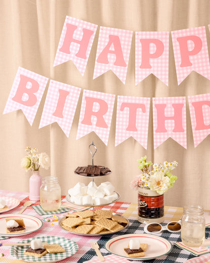 Pink Gingham Happy Birthday Banner Set, Pre-Strung 52-Inch Flags