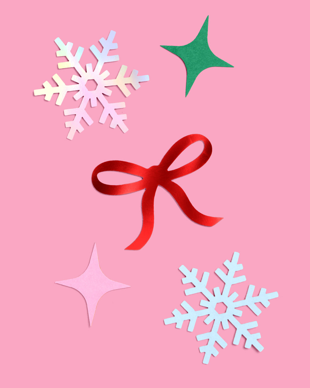 Decorative elements including snowflakes and a bow on a pink background