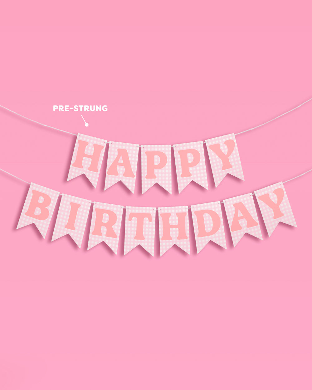 Pink Gingham Happy Birthday Banner Set, Pre-Strung 52-Inch Flags