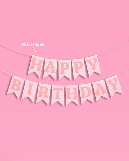 Pink Gingham Happy Birthday Banner Set, Pre-Strung 52-Inch Flags