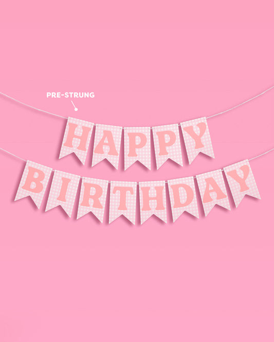 Pink Gingham Happy Birthday Banner Set, Pre-Strung 52-Inch Flags