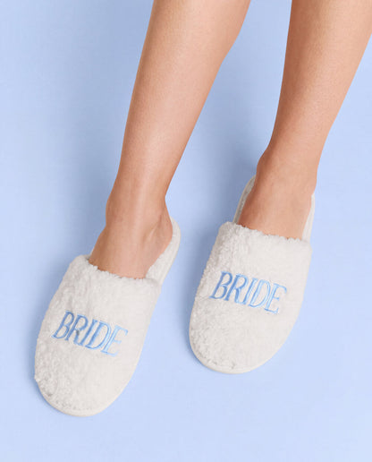 Bride Cream Faux Fur Slippers with Blue Embroidery