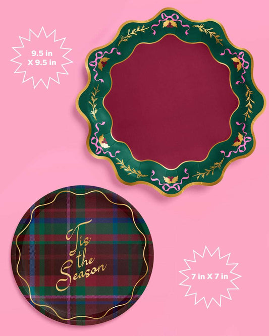 Two decorative plates with festive designs on a pink background