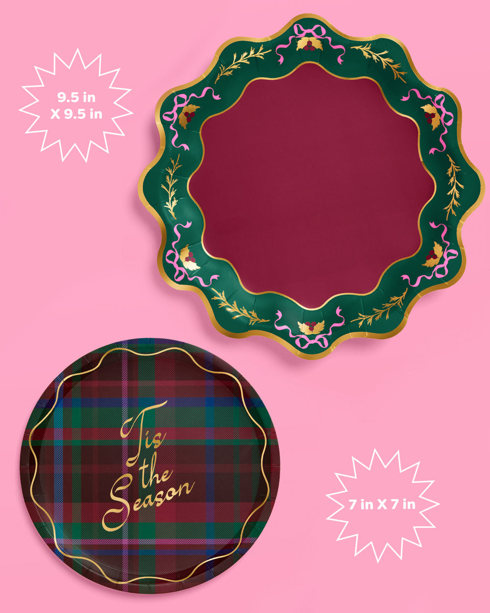 Two decorative plates with festive designs on a pink background