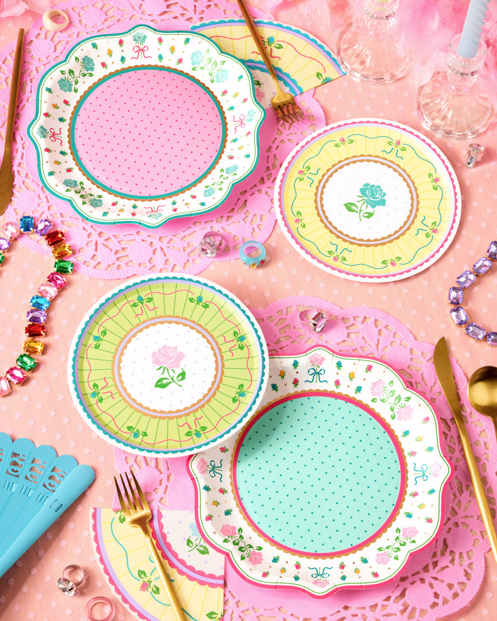 Tea Party Tableware Set with Paper Plates, Napkins, Cups and Saucers