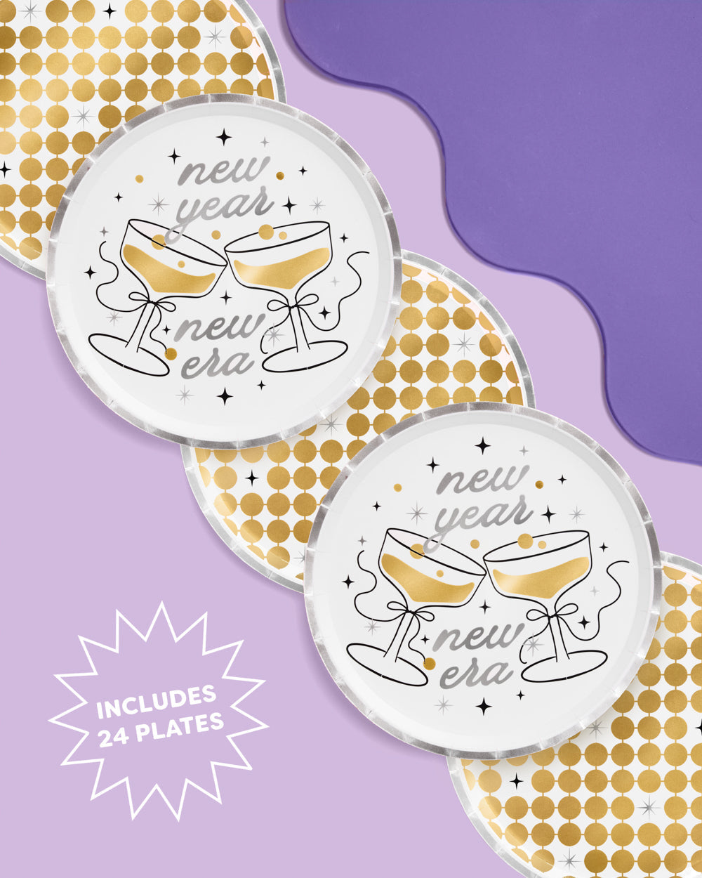 Set of three circular plates with champagne glass design and 'new year new era' text on a purple background.
