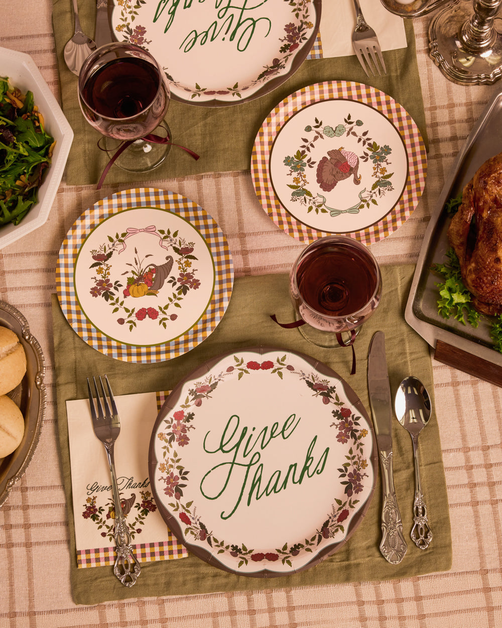 Thanksgiving Harvest Paper Plates, 32 Count, Gingham Floral Design
