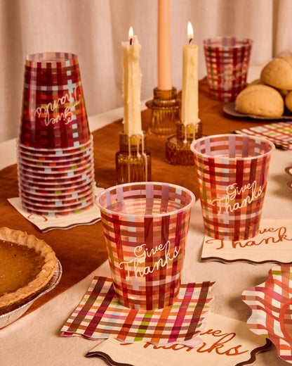 Give Thanks Plaid Reusable Plastic Fall Party Cups, 12 oz, 16 Count