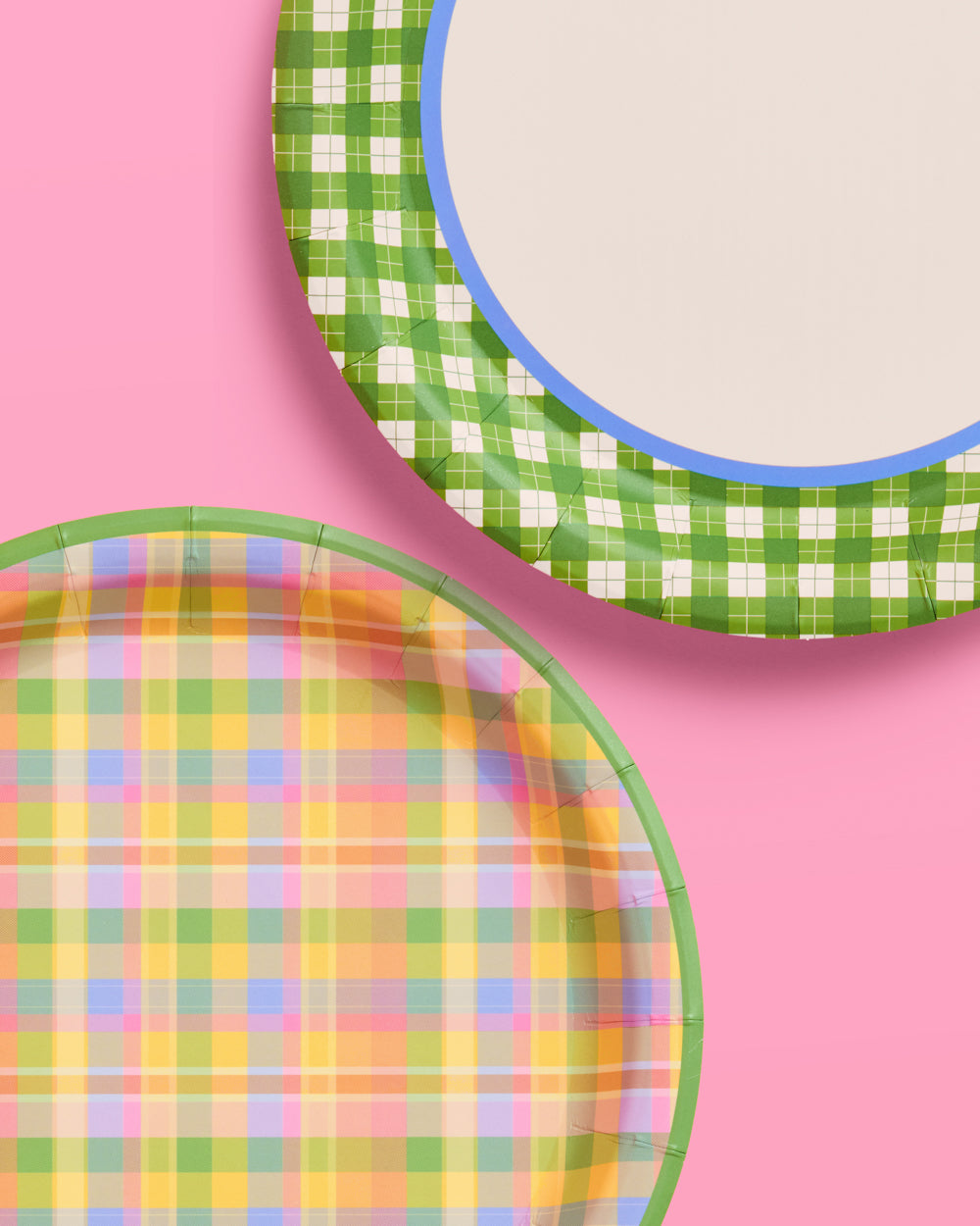 Summer Camp Gingham and Plaid Round Paper Plates, 24 Count, 9 Inch