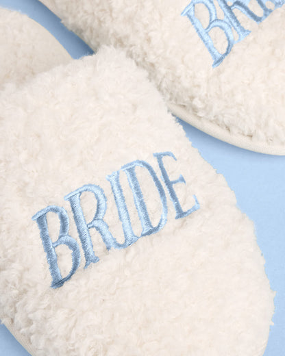 Bride Cream Faux Fur Slippers with Blue Embroidery