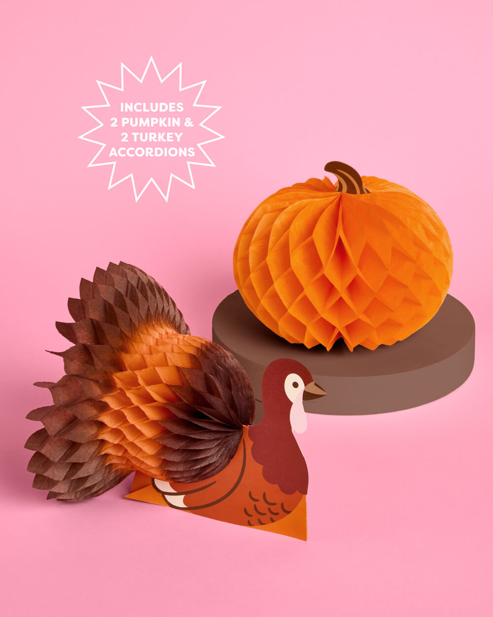 A set of autumn-themed accordion paper decorations on a solid pink background, featuring a honeycomb pumpkin on a round brown pedestal and a honeycomb turkey in brown and orange tones. A white starburst graphic in the top left reads 'INCLUDES 2 PUMPKIN & 2 TURKEY ACCORDIONS'.