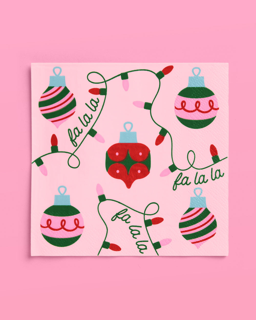 Christmas-themed card with ornaments and lights on a pink background