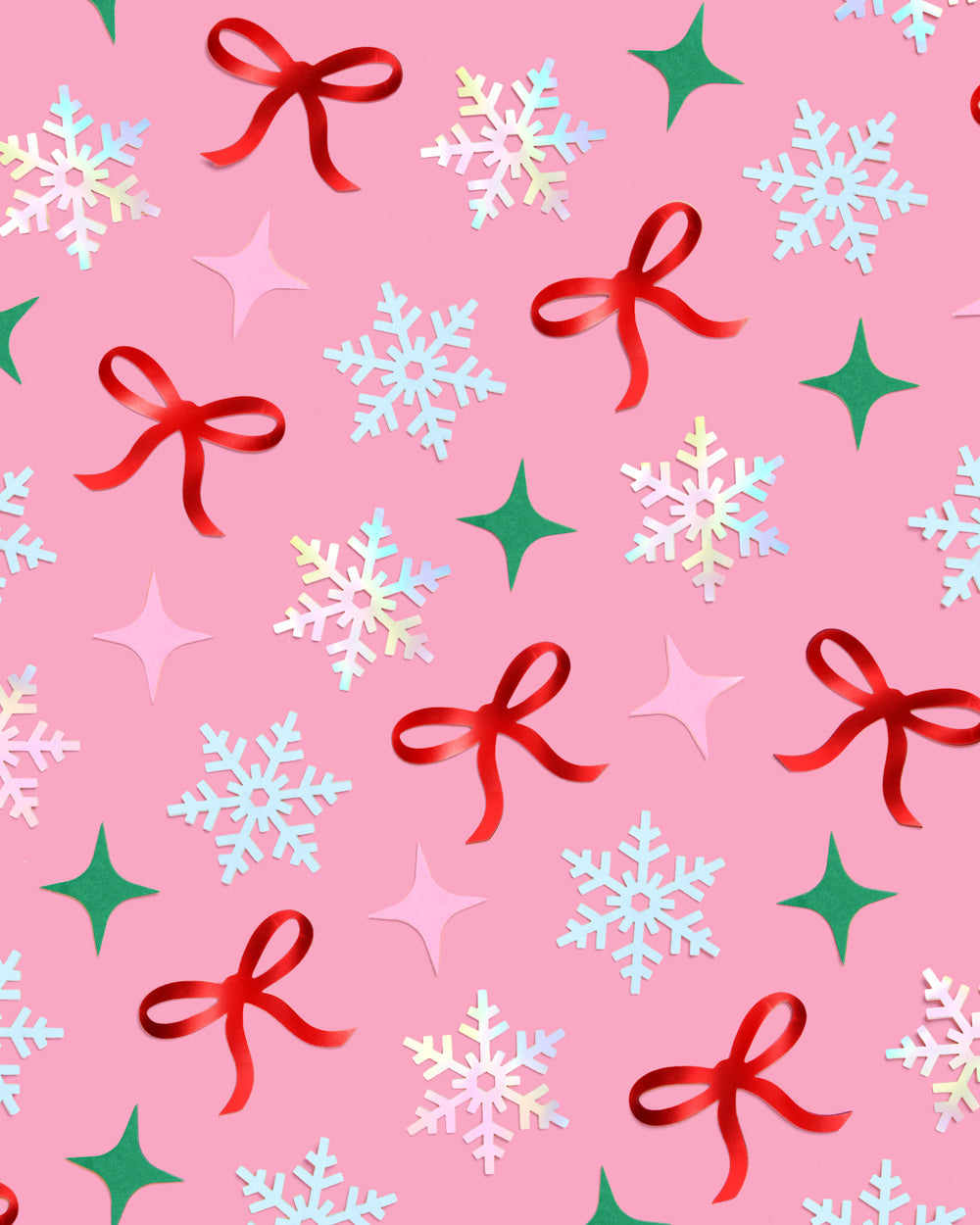 Christmas-themed pattern with snowflakes, bows, and stars on a pink background