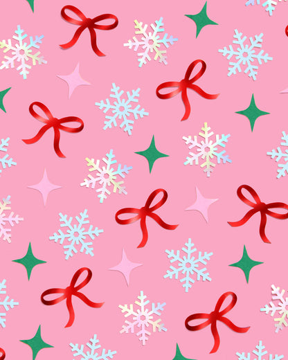 Christmas-themed pattern with snowflakes, bows, and stars on a pink background