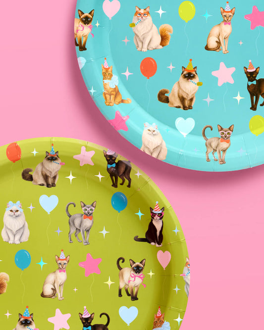 Cat Birthday Bundle - Banner, Napkins, Plates + Party Hats