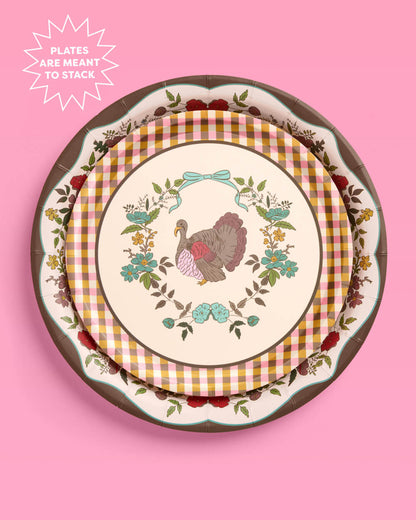Thanksgiving Harvest Paper Plates, 32 Count, Gingham Floral Design