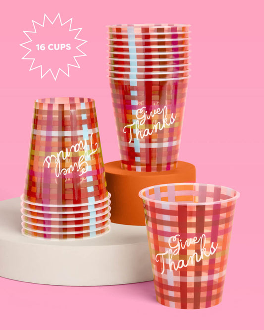 Give Thanks Plaid Reusable Plastic Fall Party Cups, 12 oz, 16 Count