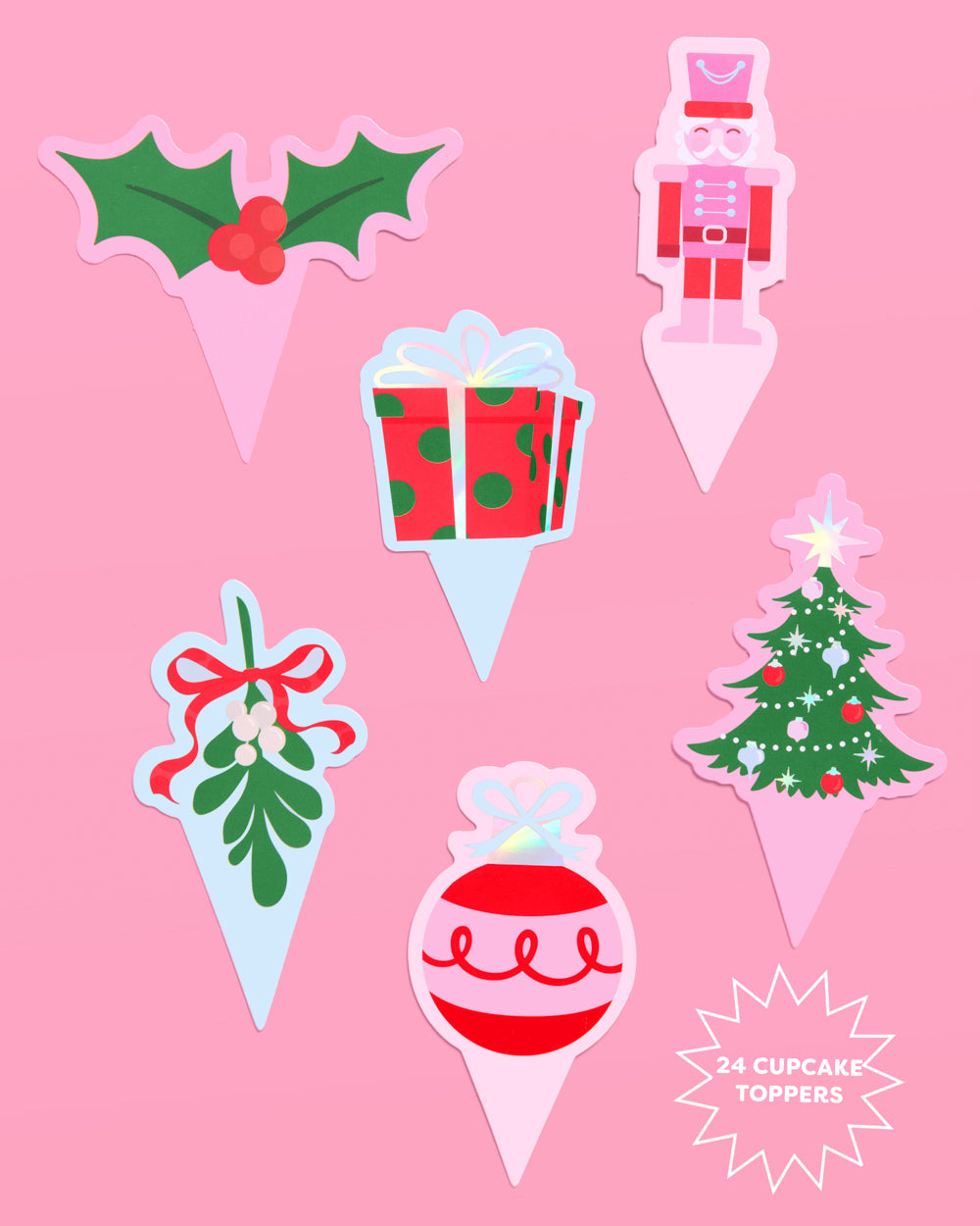 Set of Christmas-themed cupcake toppers on a pink background