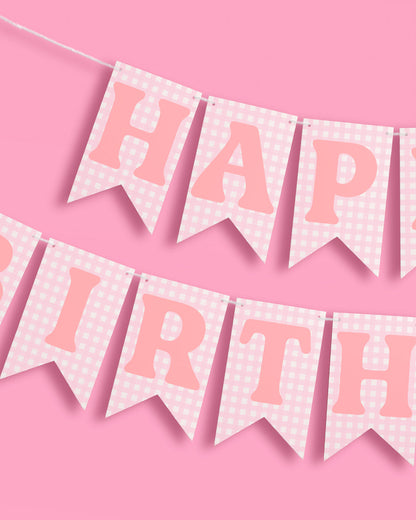 Pink Gingham Happy Birthday Banner Set, Pre-Strung 52-Inch Flags