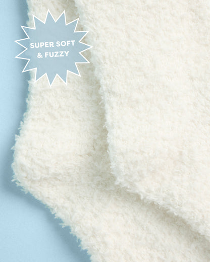 Ivory Fuzzy Crew Socks with Blue Bride Embroidery and Bow