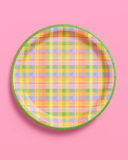 Summer Camp Gingham and Plaid Round Paper Plates, 24 Count, 9 Inch