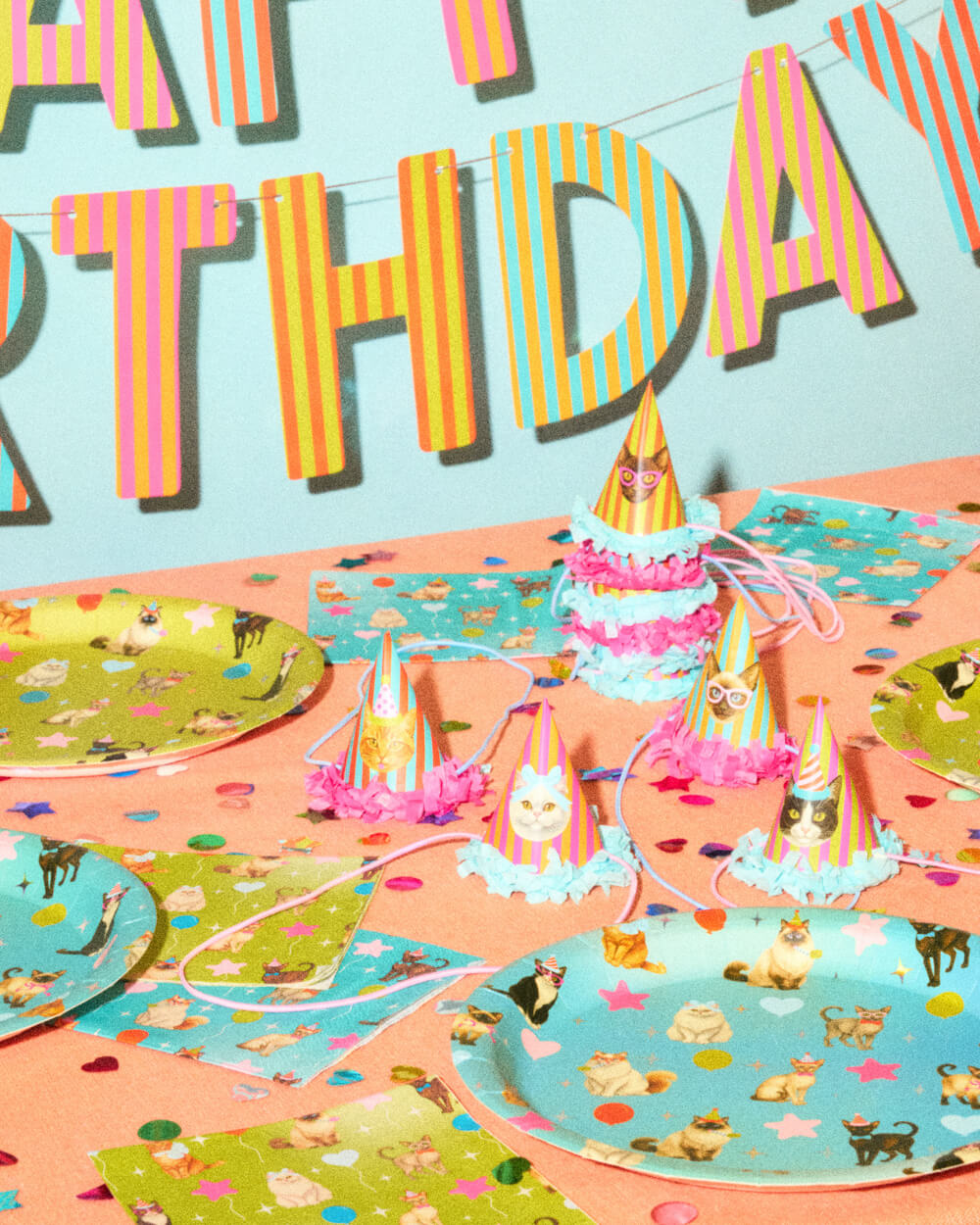 Cat Birthday Bundle - Banner, Napkins, Plates + Party Hats