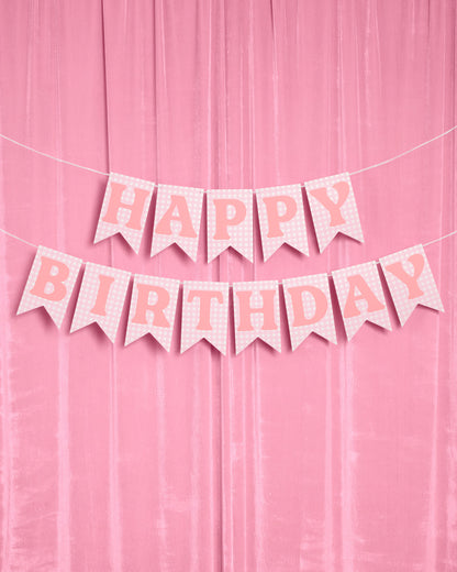 Pink Gingham Happy Birthday Banner Set, Pre-Strung 52-Inch Flags