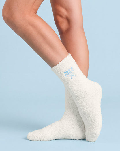 Ivory Fuzzy Crew Socks with Blue Bride Embroidery and Bow