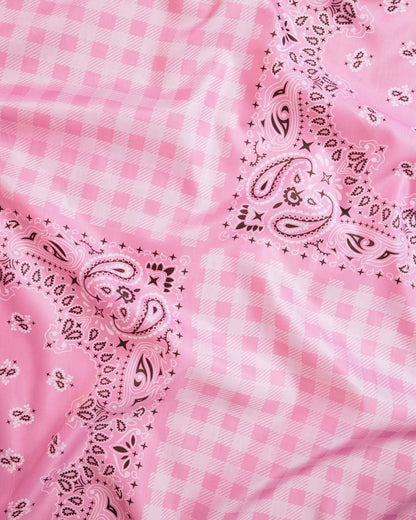Pink checkered fabric with paisley patterns