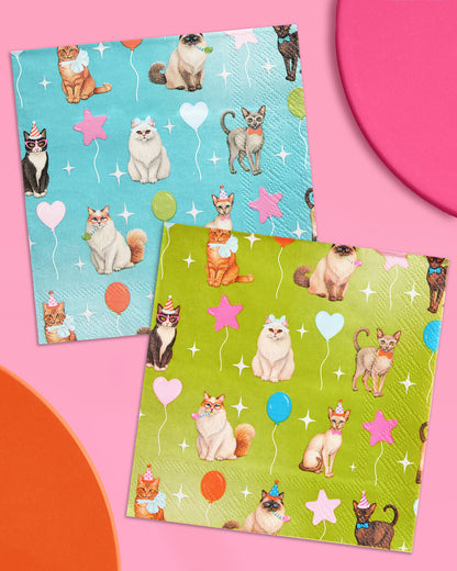 Cat Birthday Bundle - Banner, Napkins, Plates + Party Hats