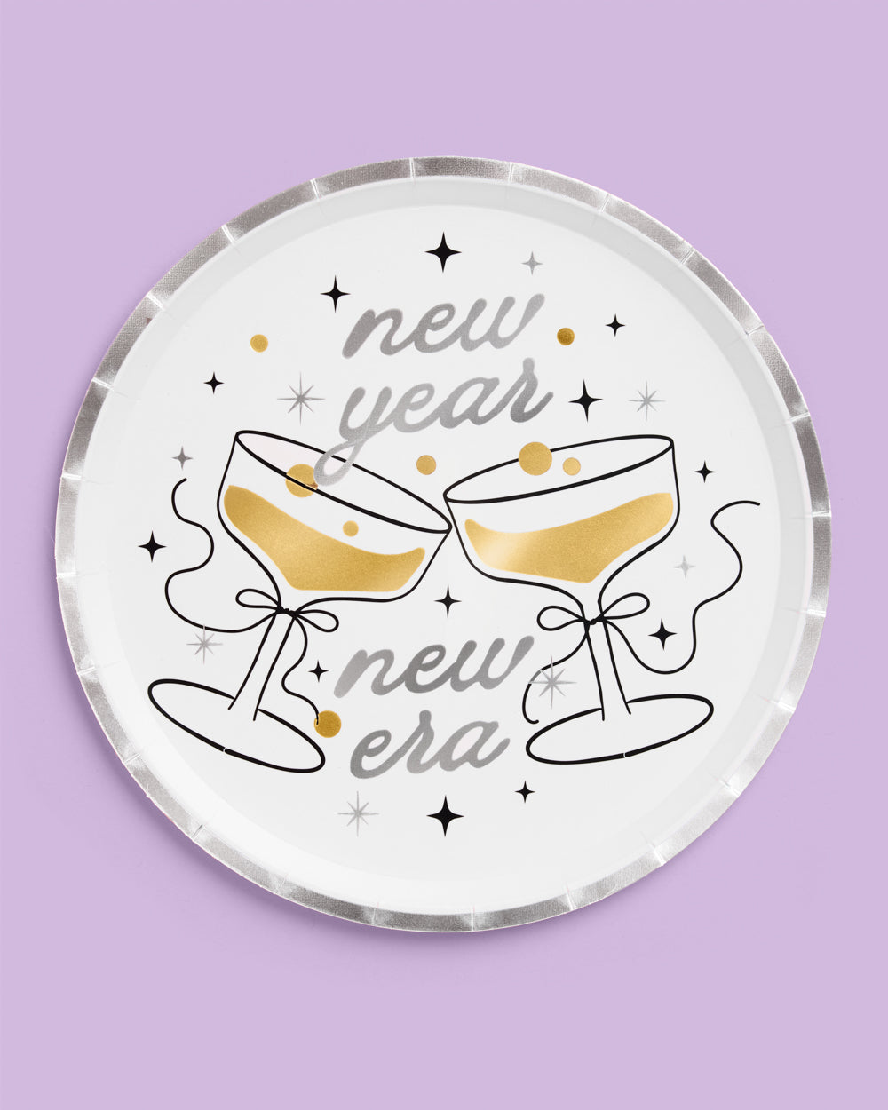 Decorative plate with 'new year new era' text and champagne glass illustrations on a purple background
