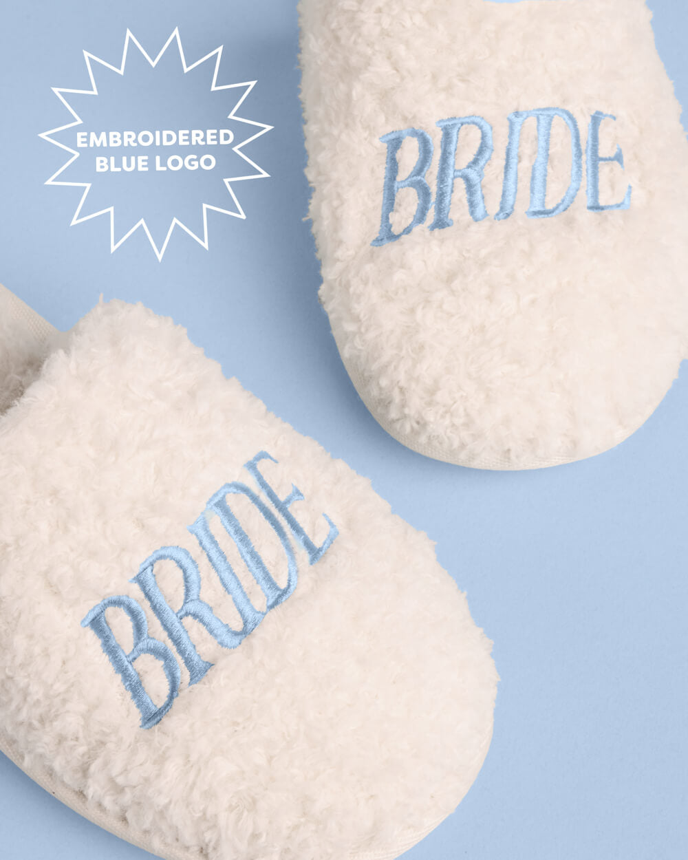 Bride Cream Faux Fur Slippers with Blue Embroidery
