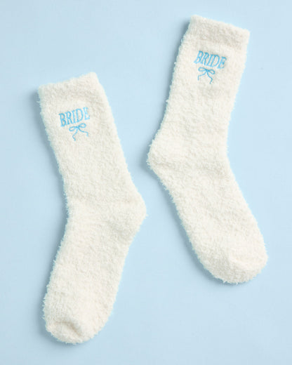 Ivory Fuzzy Crew Socks with Blue Bride Embroidery and Bow