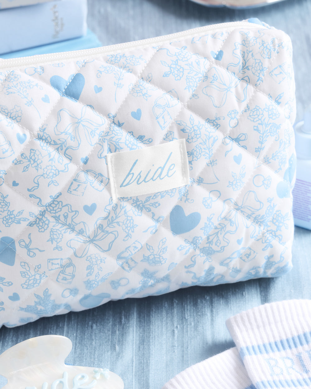 Something Blue Bag - Quilted Cosmetic Bag - Bridal Party Gifts