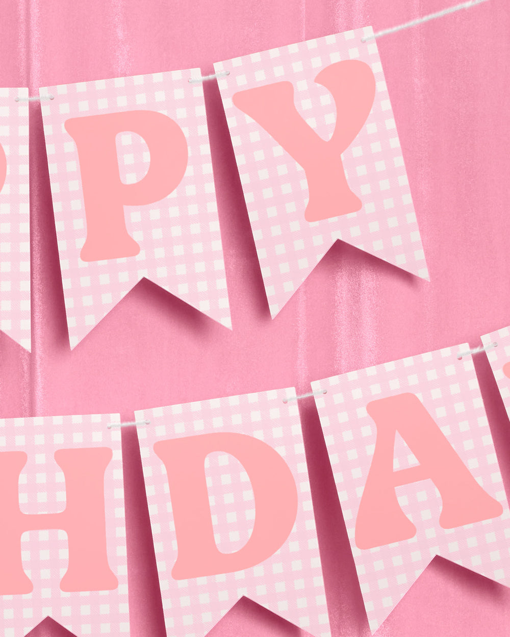 Pink Gingham Happy Birthday Banner Set, Pre-Strung 52-Inch Flags