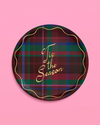 Plaid paper plate with 'Tis the Season' text on a pink background